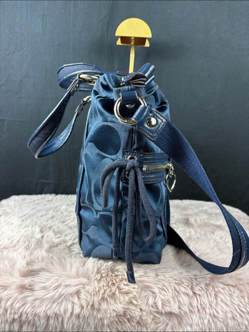 Coach Poppy Signature Sateen Daisy Tote Navy Blue Heart Zipper Charm With Dusty